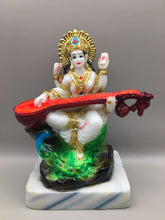 Load image into Gallery viewer, SARASWATI MURTI Hindu Goddess Statue. Saraswati mata godess of knowledge carved statueGoldWhite