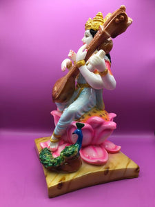 SARASWATI MURTI Hindu Goddess Statue. Saraswati mata godess of knowledge carved Brass statue Pink